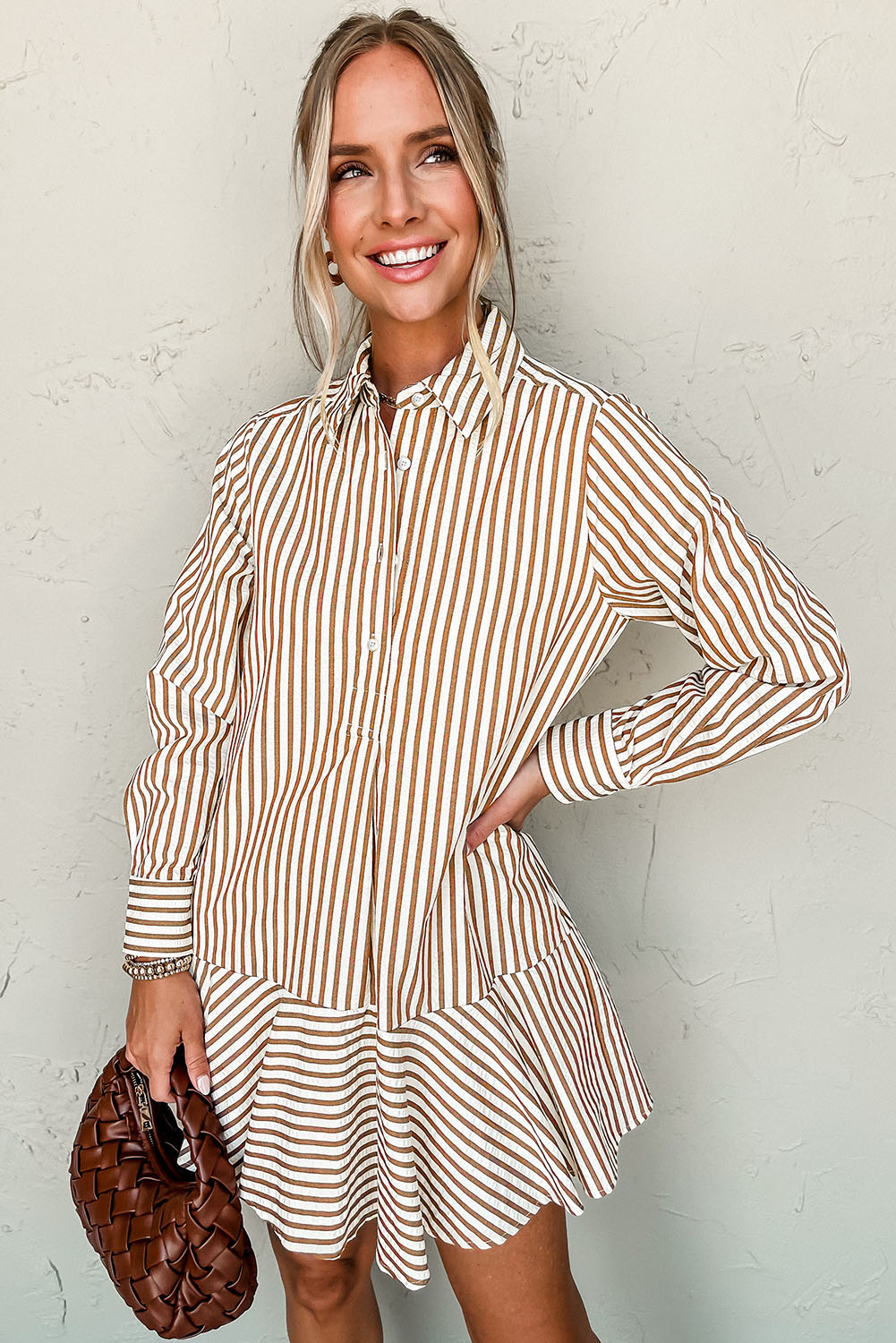 Elegant Collared Shirt Dress with Vertical Stripes - Perfect for Work and Casual Outings - Detail View 3