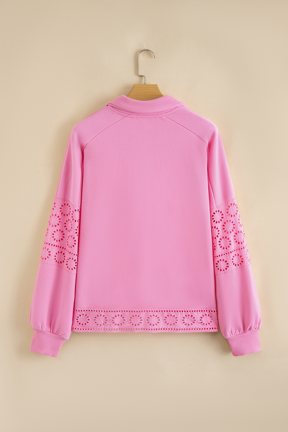 Women's Bonbon Pink Embroidered Flower Patchwork Pullover Sweatshirt with Snap Buttons - Detail View 5