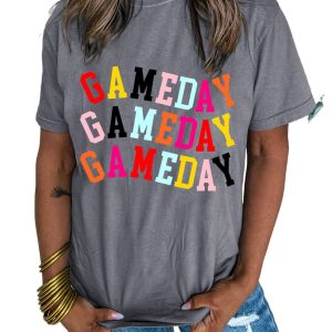 Women's Gray Colorful GAME DAY Graphic Crew Neck T-Shirt - Perfect for Game Day - Main View