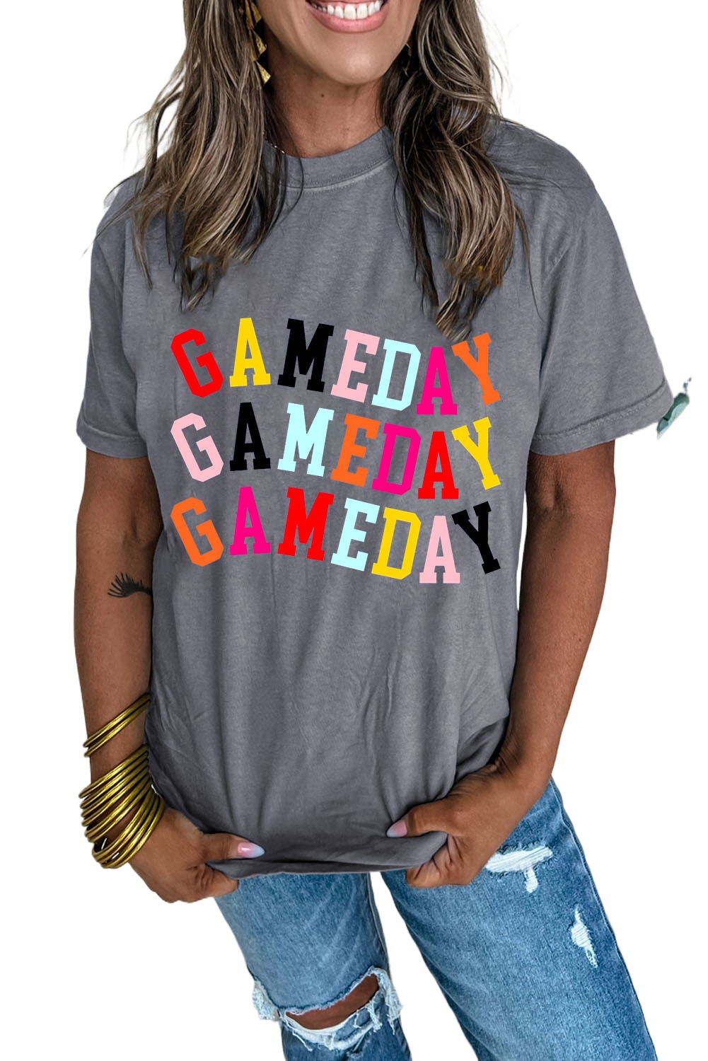 Women's Gray Colorful GAME DAY Graphic Crew Neck T-Shirt - Perfect for Game Day - Main View