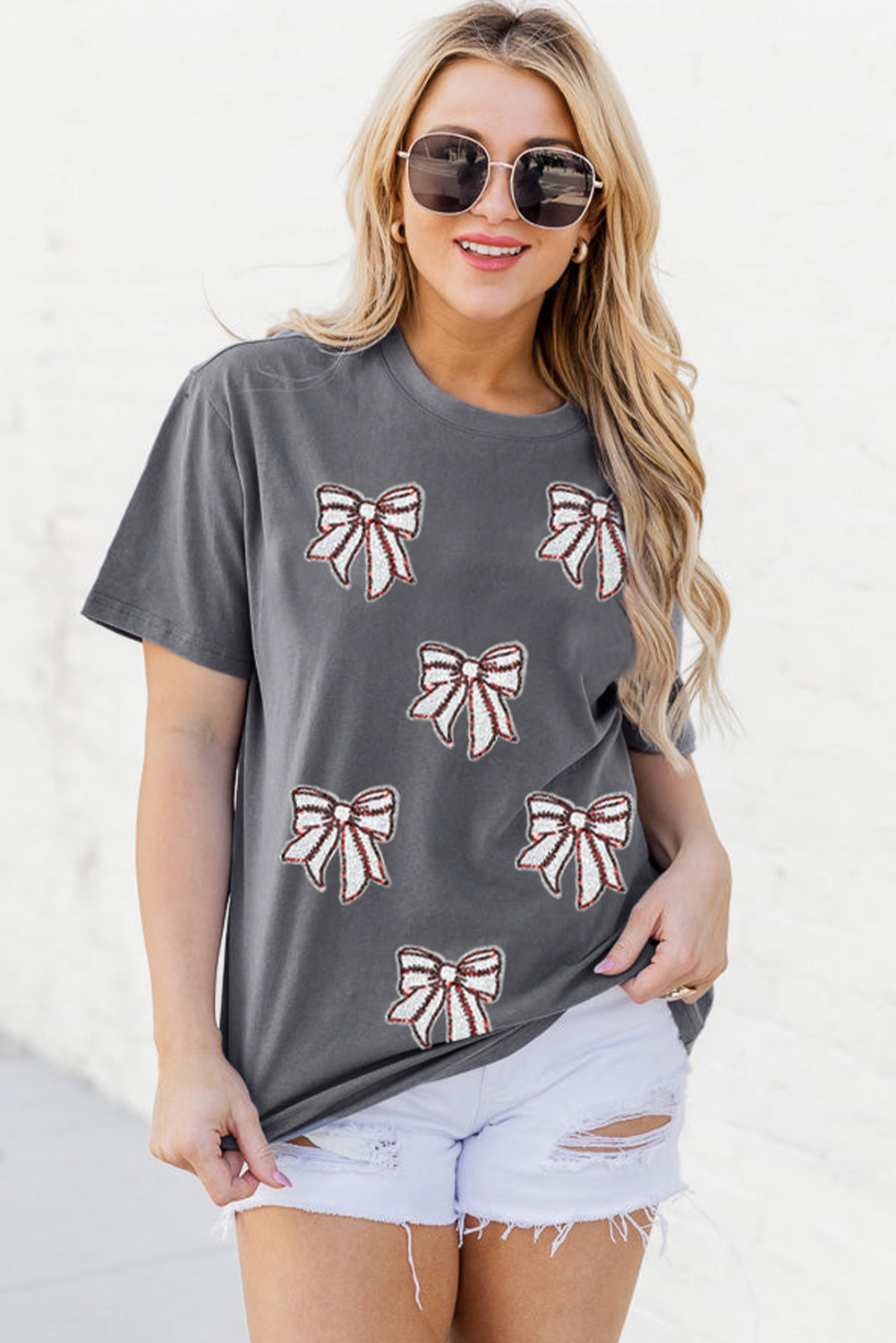 Women's Gray Sequin Bow Baseball Graphic Tee - Casual Summer Top - Detail View 5