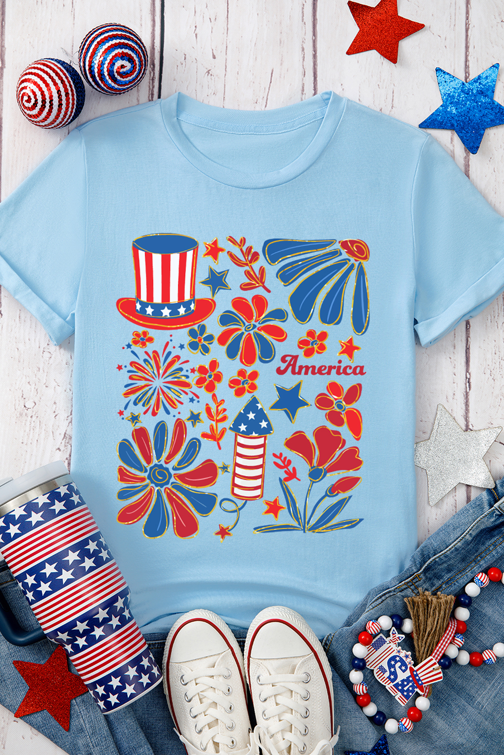 Vibrant Light Blue Round Neck Tee - Perfect for July 4th Parades and Festivities - Detail View 3