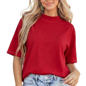 Women's Racing Red High Neck T-Shirt – Short Sleeve Cotton Blend Casual Top for Daily Wear - Main View