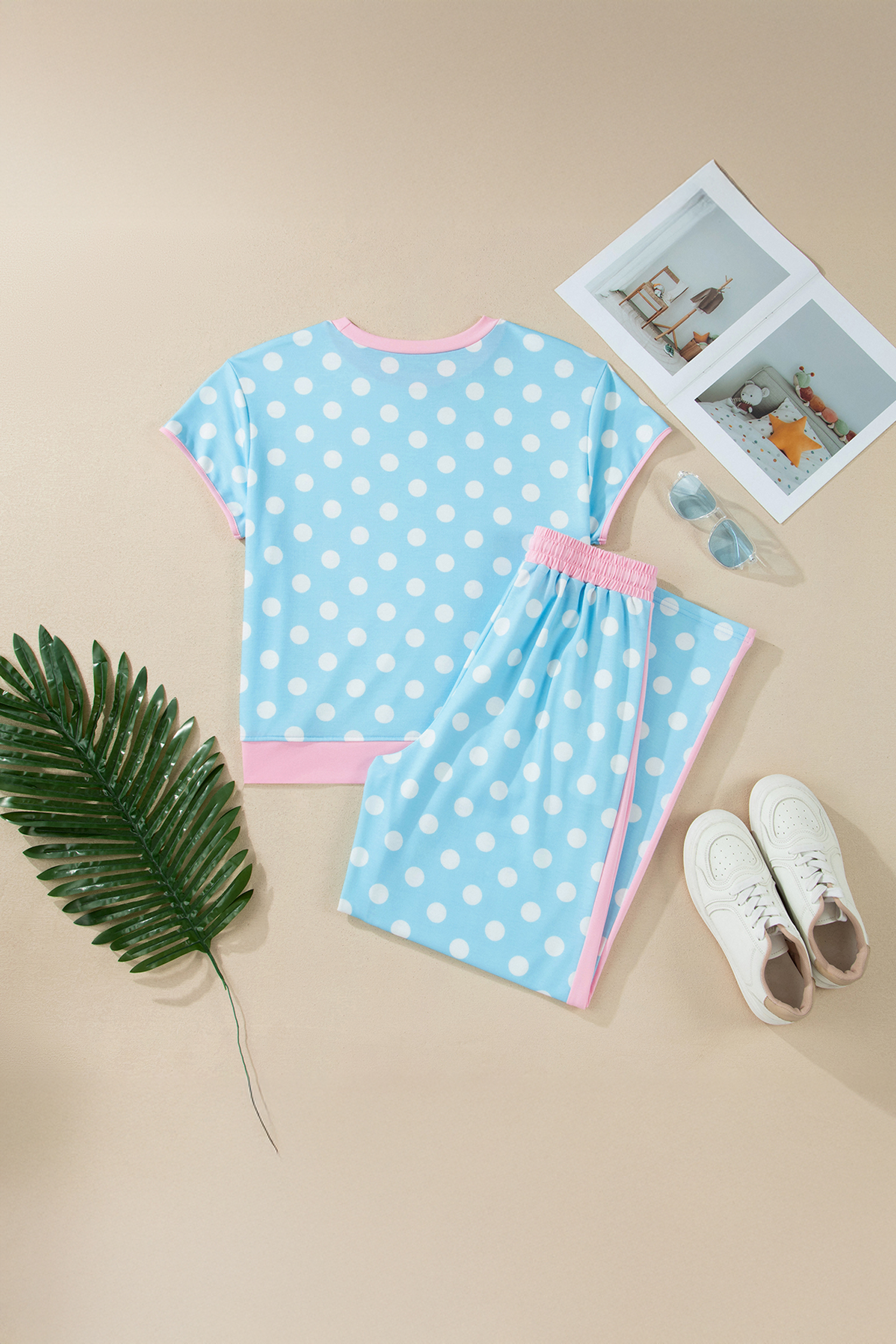 Women's Summer Polka Dot Two-Piece Outfit – Casual Short Sleeve Top and Pants Set, Stylish Gift for Her - Detail View 3