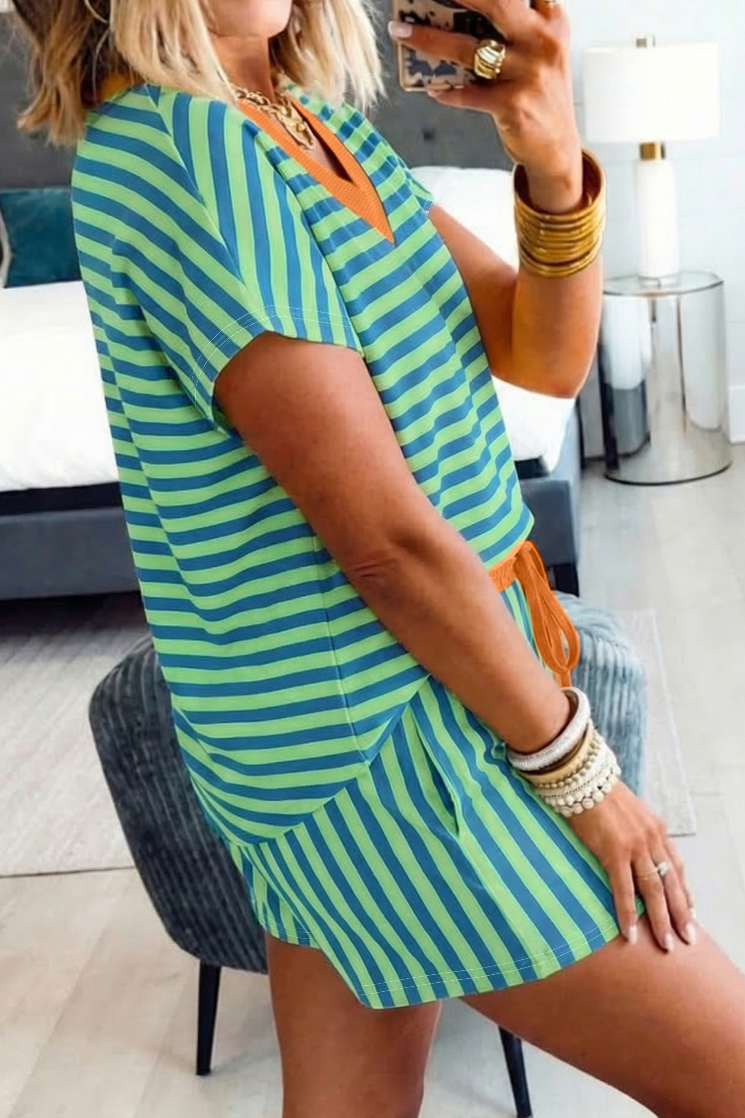 Women's Summer Striped 2 Piece Lounge Set - Short Sleeve V-Neck Top and Drawstring Shorts - Detail View 5