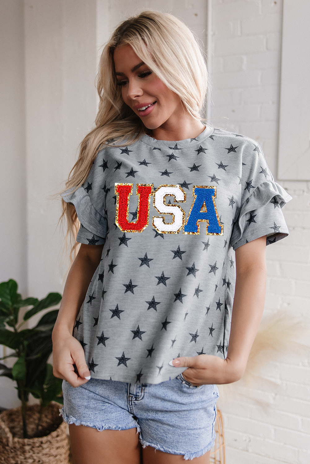 Patriotic Star Print Tee for Women - Round Neck, Casual Style, Perfect for Summer - Detail View 7