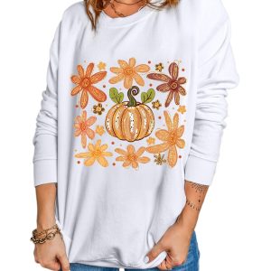 Women's Cozy White Flower Pumpkin Printed Cotton Blend Sweatshirt - Main View