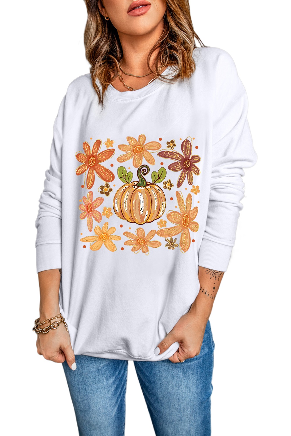 Women's Cozy White Flower Pumpkin Printed Cotton Blend Sweatshirt - Main View