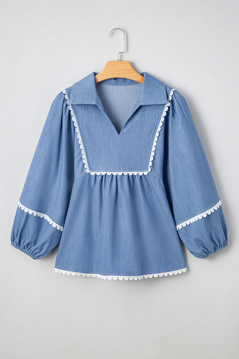Women's Dusk Blue Lace Ric Rac 3/4 Puff Sleeve Collared Babydoll Blouse - Detail View 9