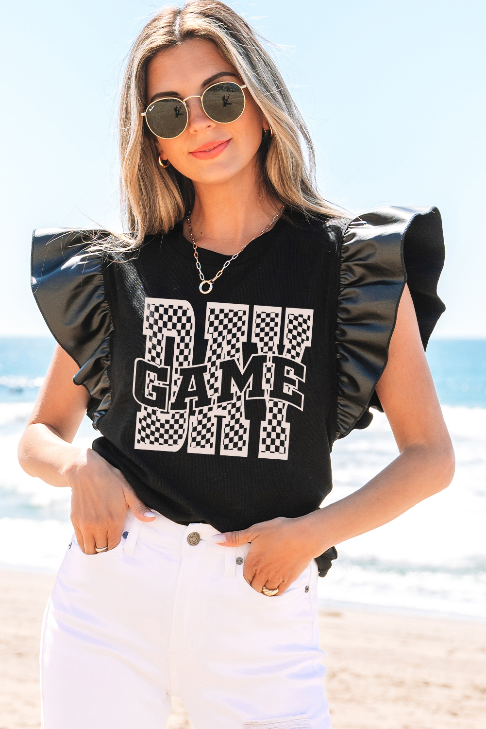 Casual Black Graphic Tee with Leatherette Ruffle Sleeves - Perfect for Game Day - Detail View 2