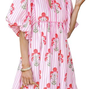 Pink Floral Striped Mini Dress for Women – Casual Puff Sleeve Notched Neck Shift Dress for Summer - Main View