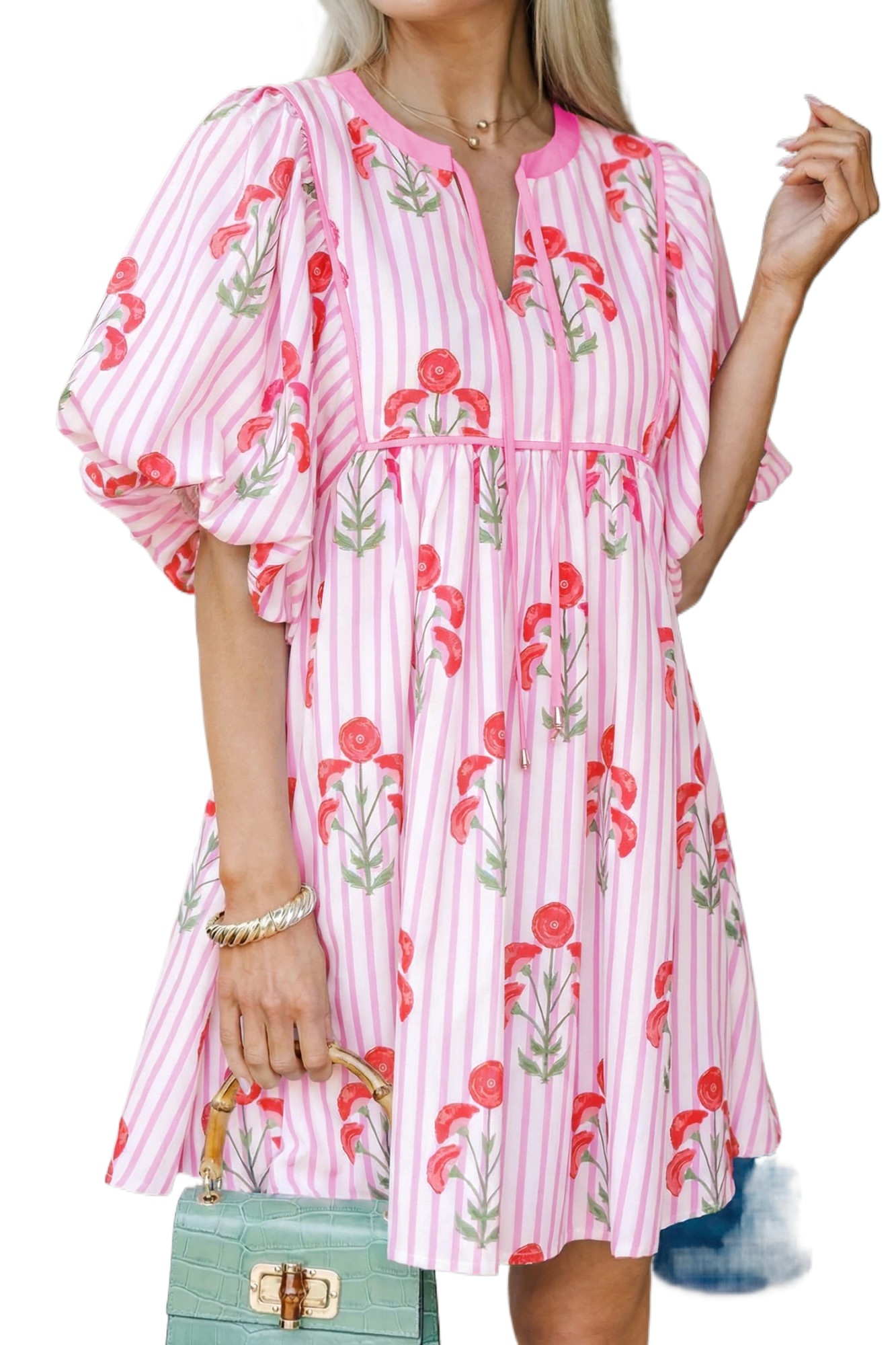 Pink Floral Striped Mini Dress for Women – Casual Puff Sleeve Notched Neck Shift Dress for Summer - Main View