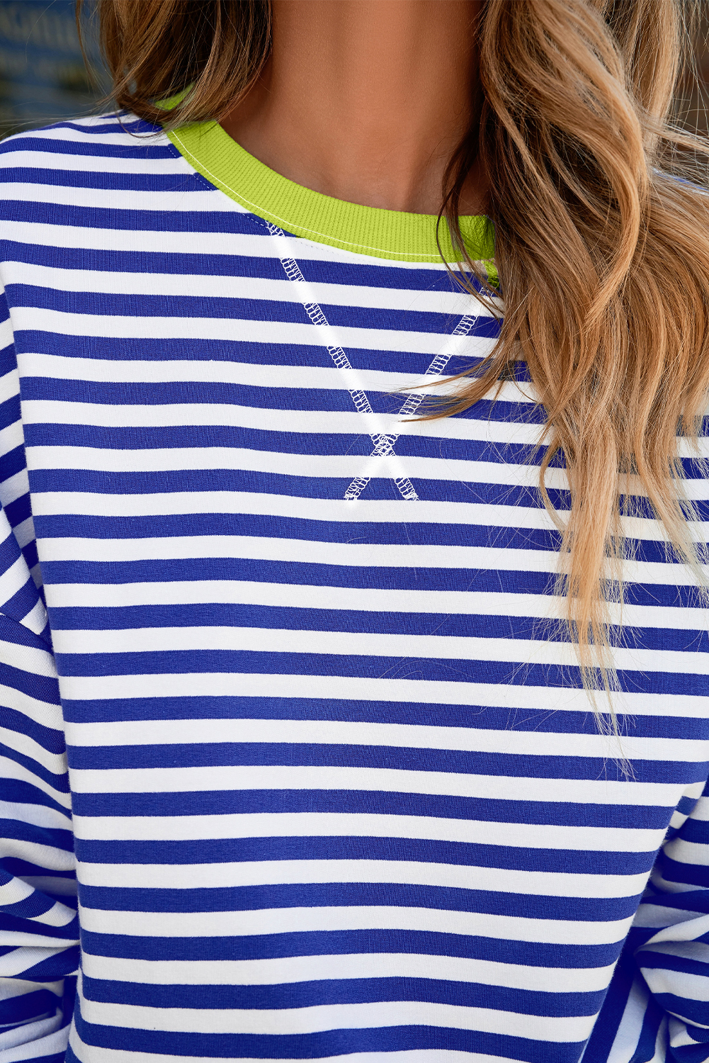 Casual Oversized Striped Sweatshirt with Long Sleeves - Sky Blue - Detail View 10