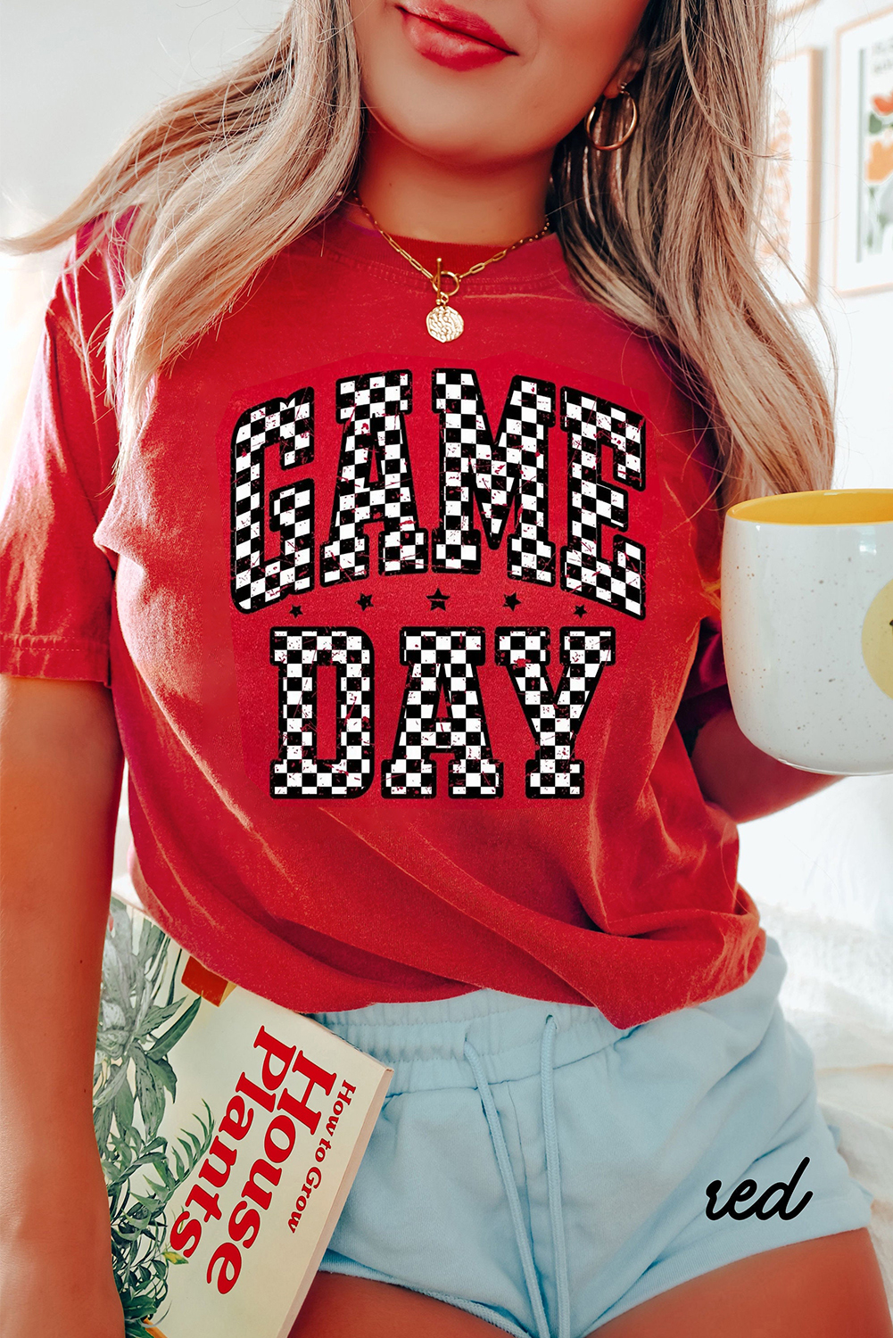 Women's Red Checkered Game Day Graphic T-Shirt - School Spirit Tee - Detail View 5