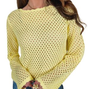 Women's Scalloped Trim Crochet Knit Top – Long Sleeve Hollow Out Round Neck Sweater, Yellow Cream - Main View
