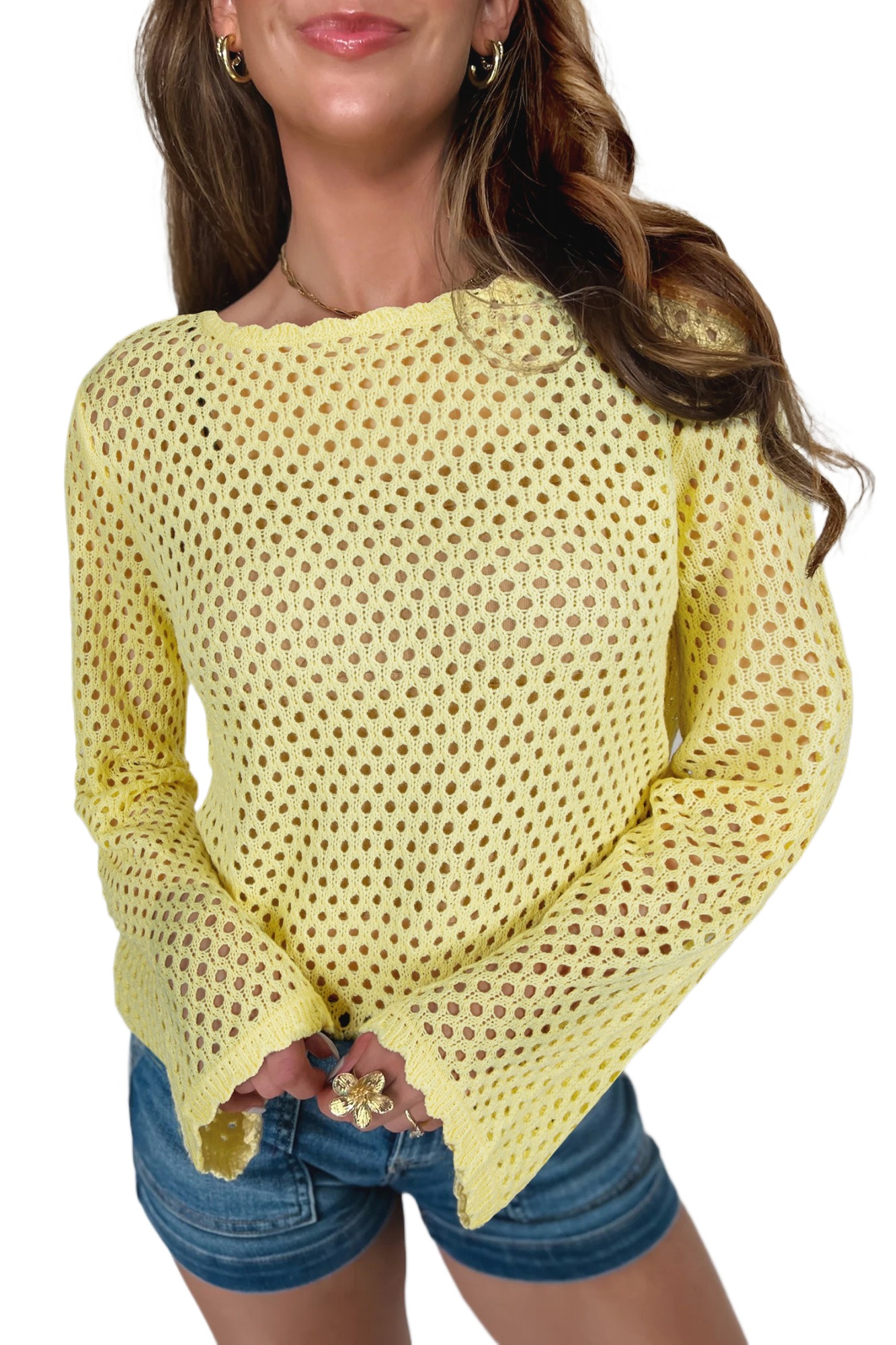 Women's Scalloped Trim Crochet Knit Top – Long Sleeve Hollow Out Round Neck Sweater, Yellow Cream - Main View