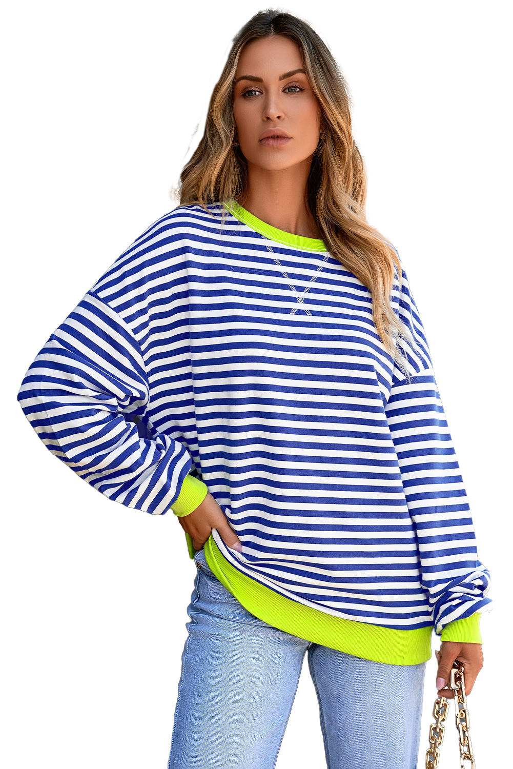 Trendy Women's Baggy Sweatshirt: Sky Blue with Contrast Ribbing for Comfort - Detail View 19