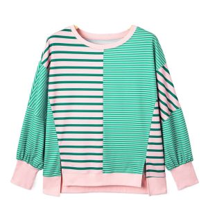 Plus Size Green Stripe Color Block Exposed Seam Sweatshirt for Women - Main View