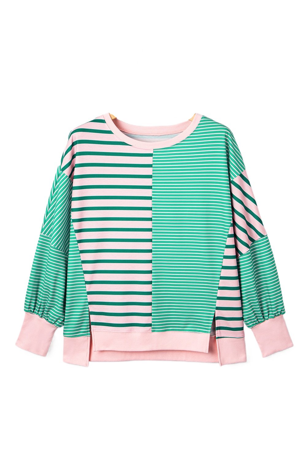 Plus Size Green Stripe Color Block Exposed Seam Sweatshirt for Women - Main View