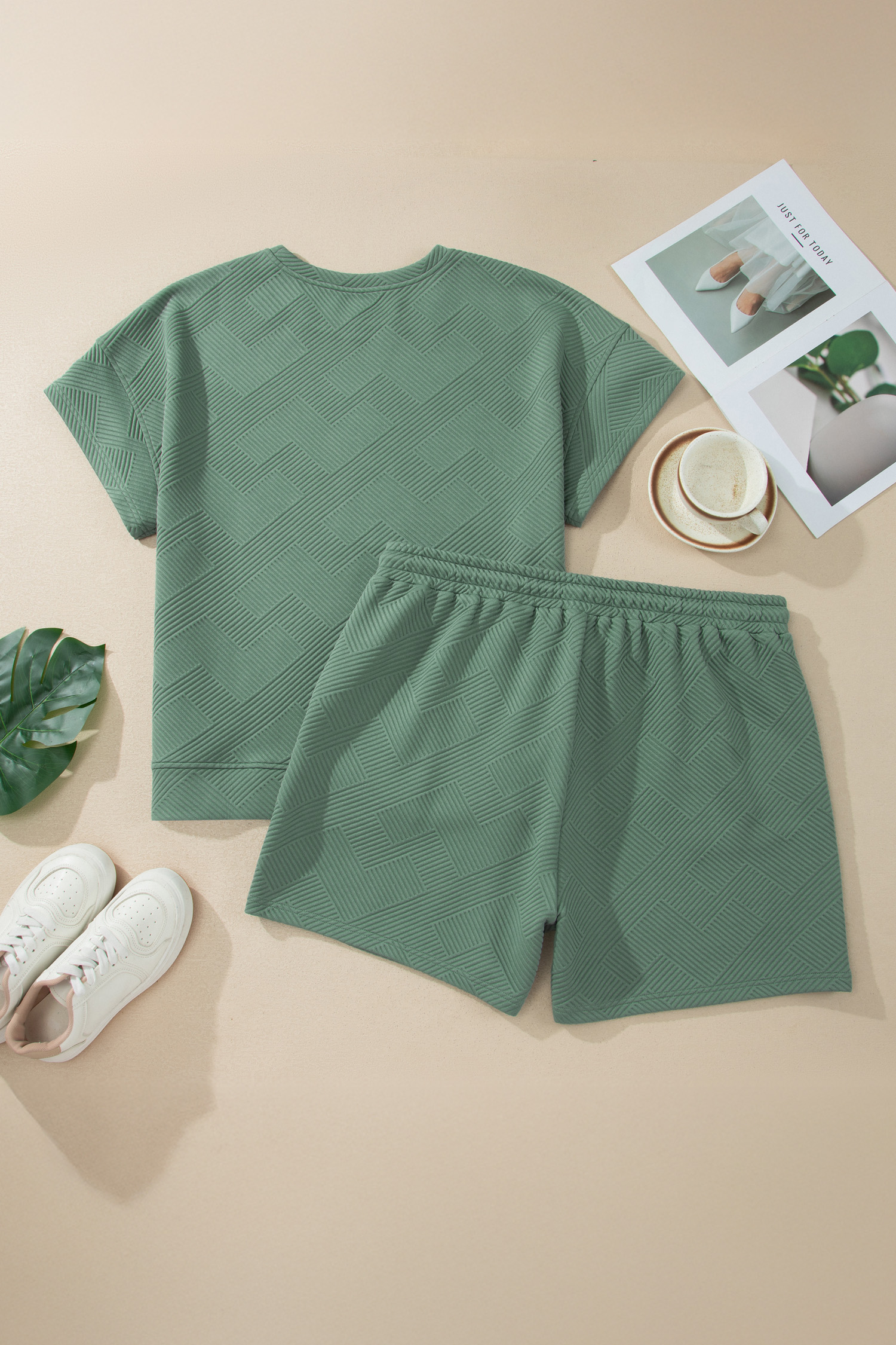 Women's Mineral Blue Lounge Set – Textured Short Sleeve Shift Top and Shorts, Summer Gift Idea - Detail View 3