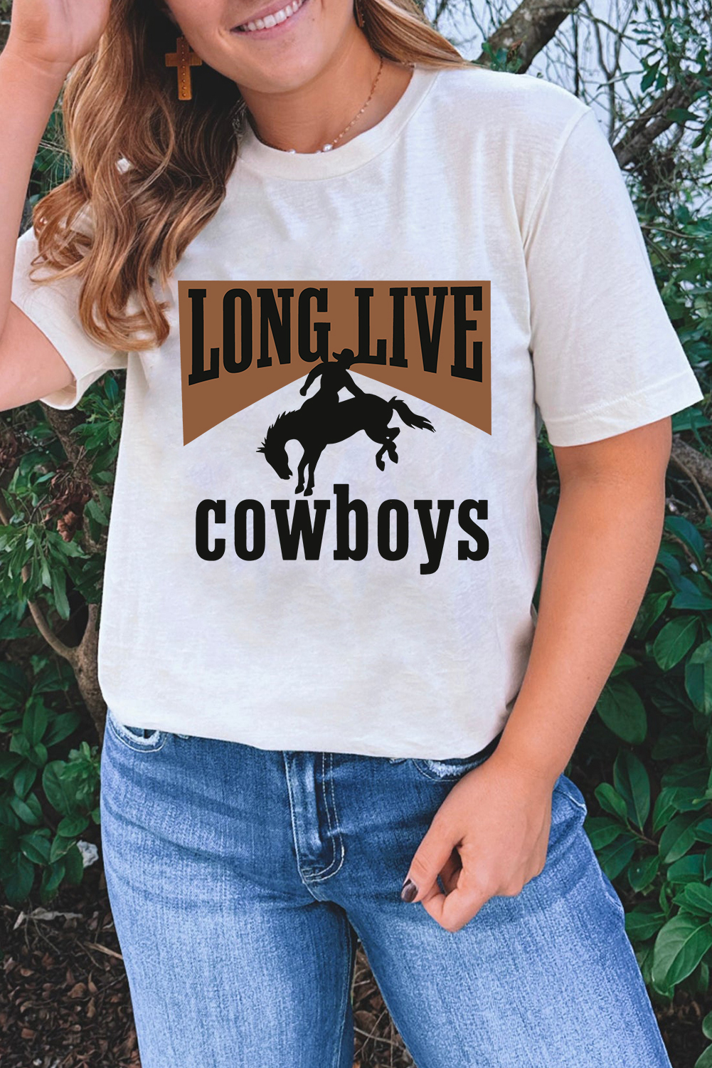 Women's White 'LONG LIVE Cowboys' Western Graphic Loose Tee - Detail View 5