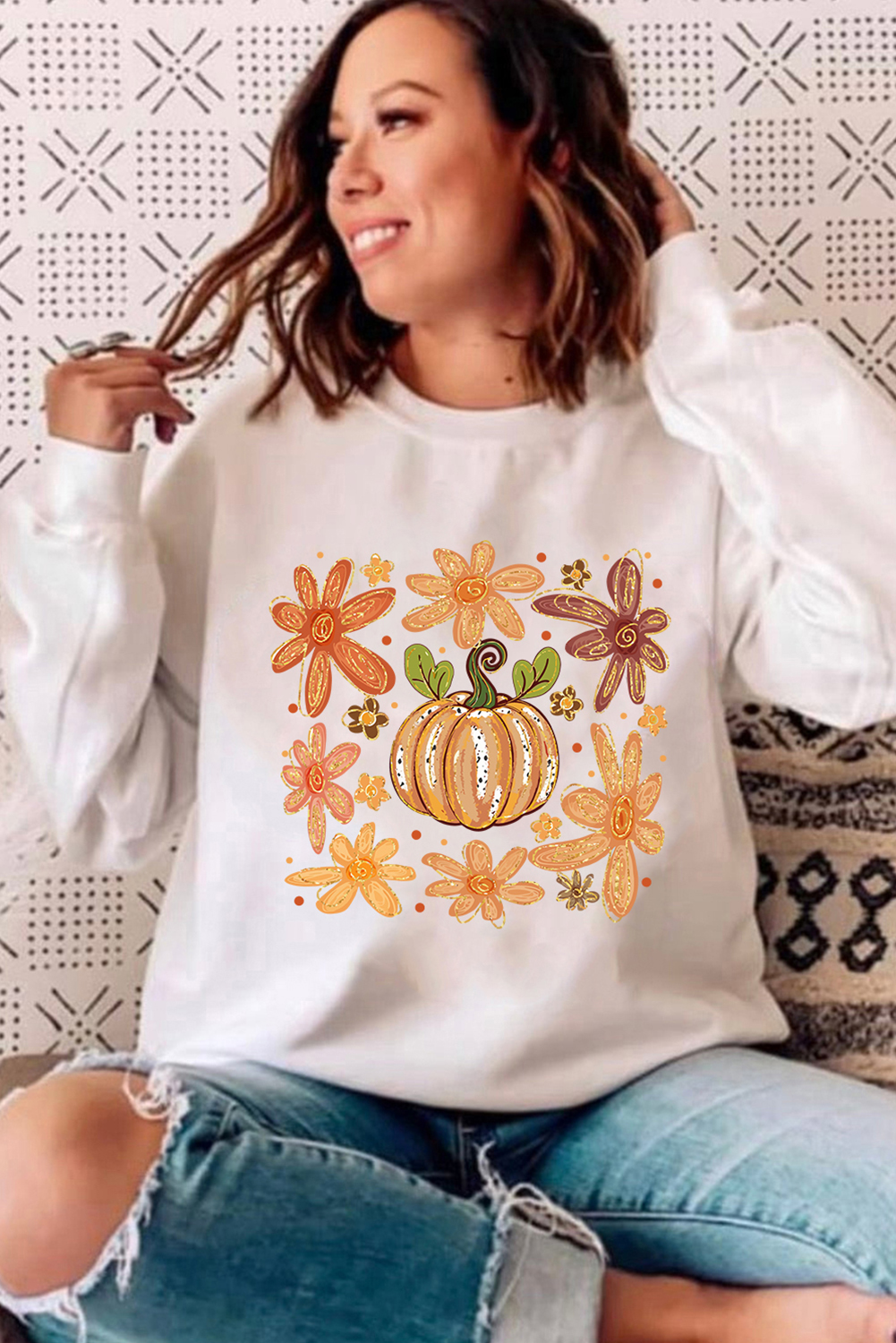 Women's Sweatshirt, White Pullover, Pumpkin Print, Flower Design, Casual Wear, Fall Fashion, Cozy, Long Sleeve, Round Neck, Graphic Sweatshirts, Comfortable, Daily Wear, Cotton Blend - Detail View 8