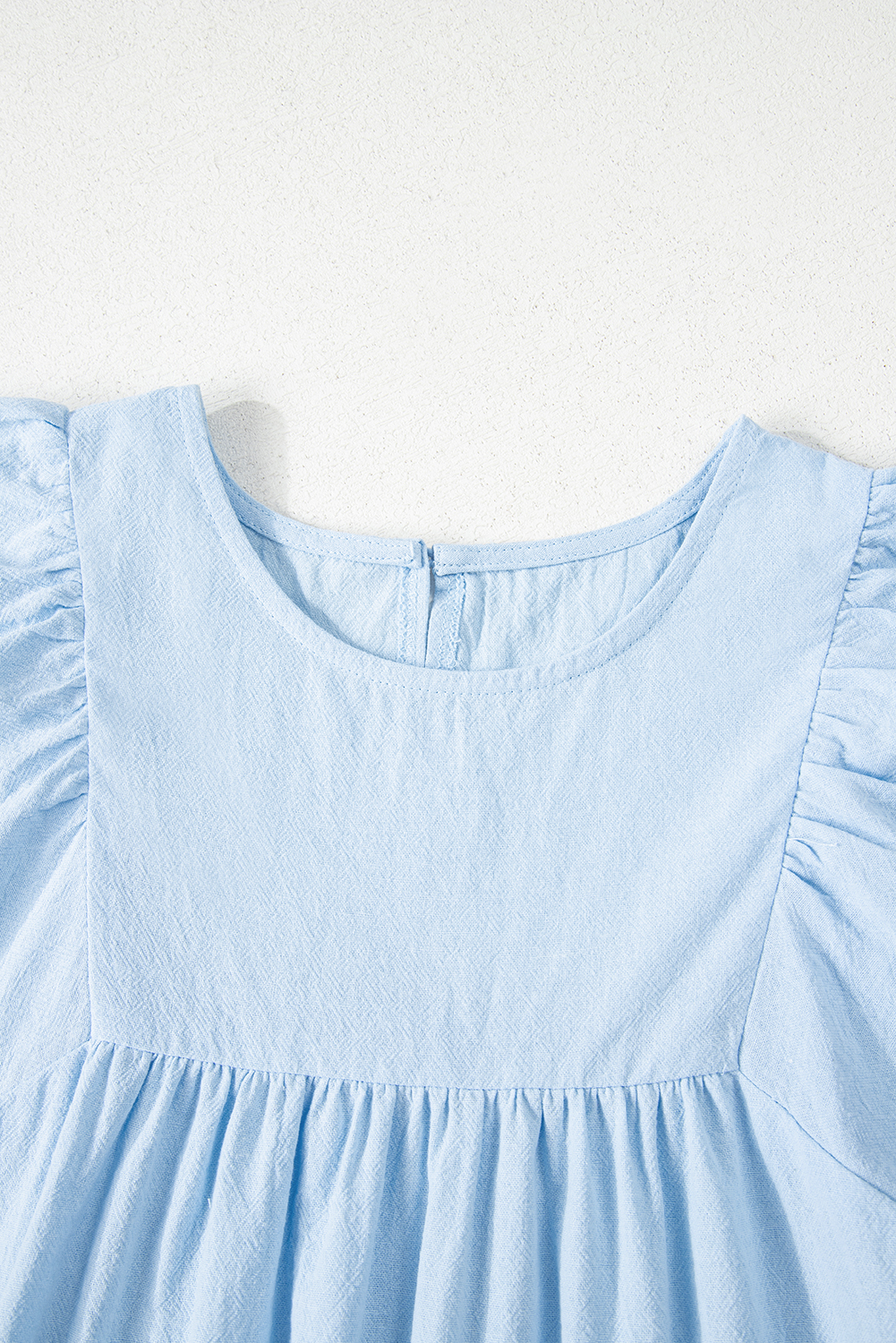 Women's Blouse, Beau Blue, Solid Color, Embroidered, Scalloped Sleeves, Crew Neck, Elegant, Casual Style, Short Sleeve, Comfortable, Breathable, Daily Wear, Summer Fashion, Tops & Shirts - Detail View 8