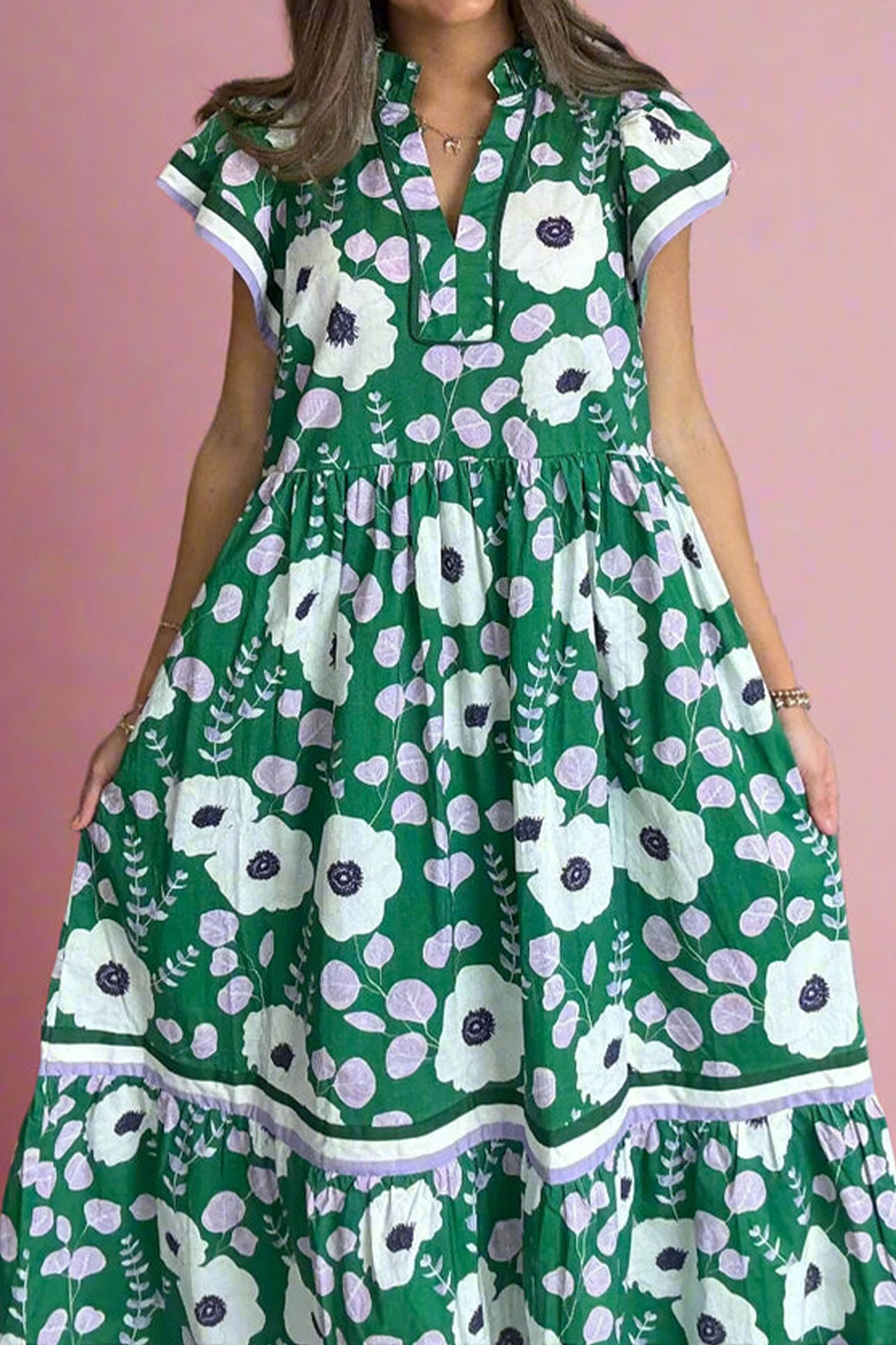 Green Patchwork Floral Maxi Dress for Women – Striped Ruffle Short Sleeve, Casual Summer Vacation Outfit - Detail View 5
