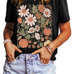 Women's Black Wild Flower Pumpkin Graphic T-Shirt for Fall - Main View