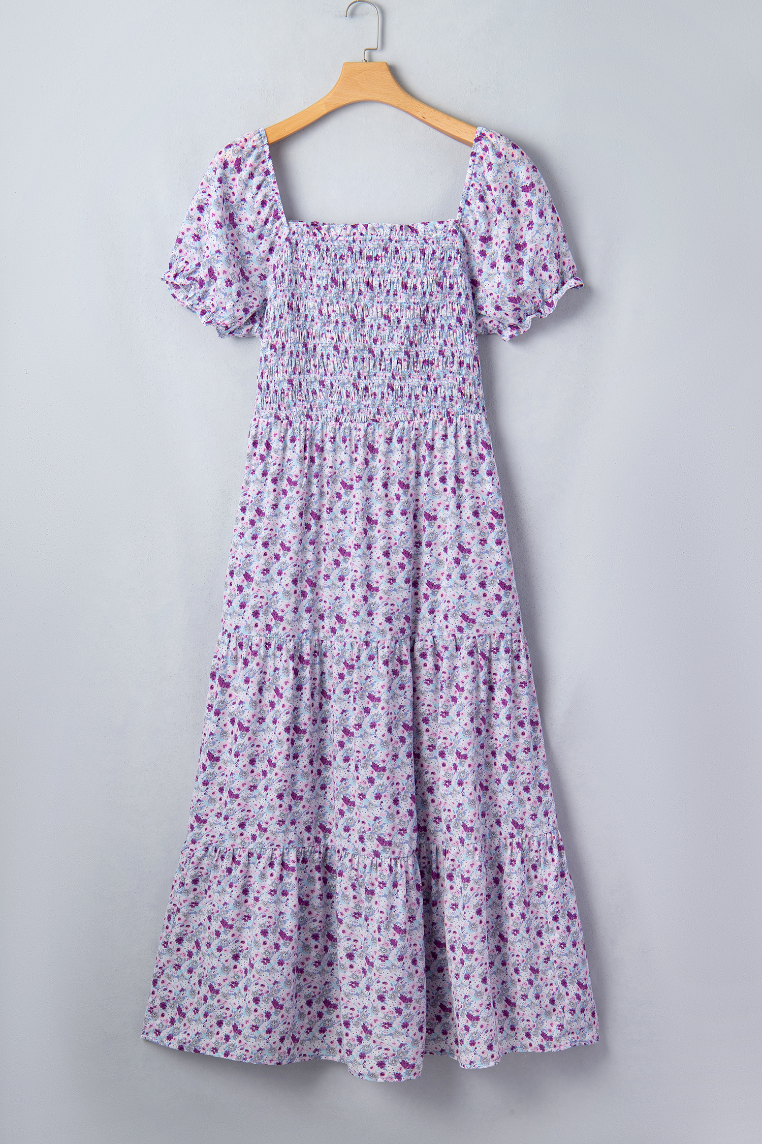 Women's Floral Print Smocked Maxi Dress – Short Sleeve Square Neck Vacation Dress, Lightweight Summer A-Line Gown - Detail View 2
