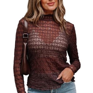 Women's Coffee Sheer Mesh Long Sleeve Top with Lettuce Trim - Modern & Edgy Design - Main View