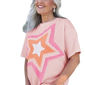 Women's Light Pink Plus Size T-Shirt with Eyelet Lace Star Applique - Main View