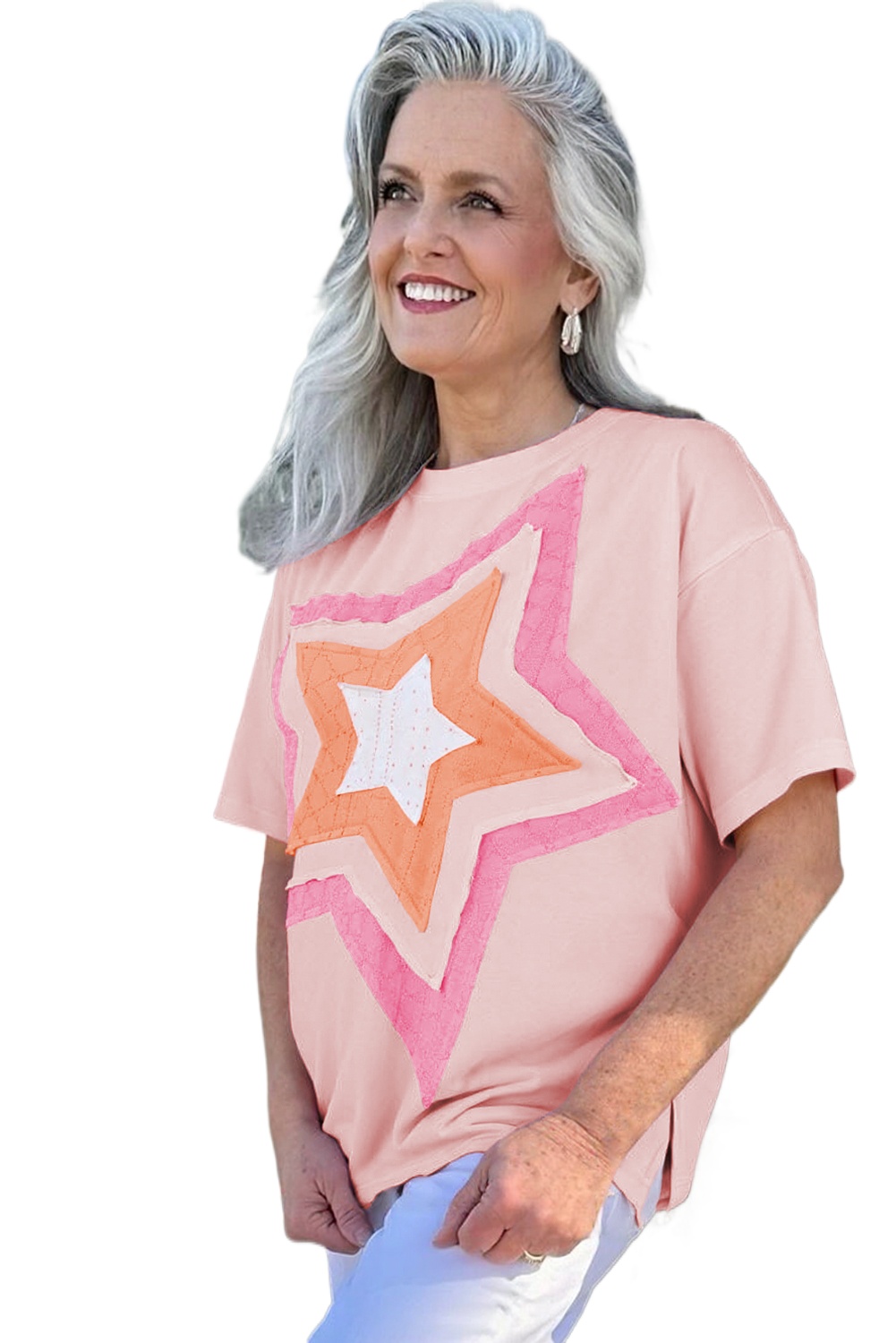 Women's Light Pink Plus Size T-Shirt with Eyelet Lace Star Applique - Main View