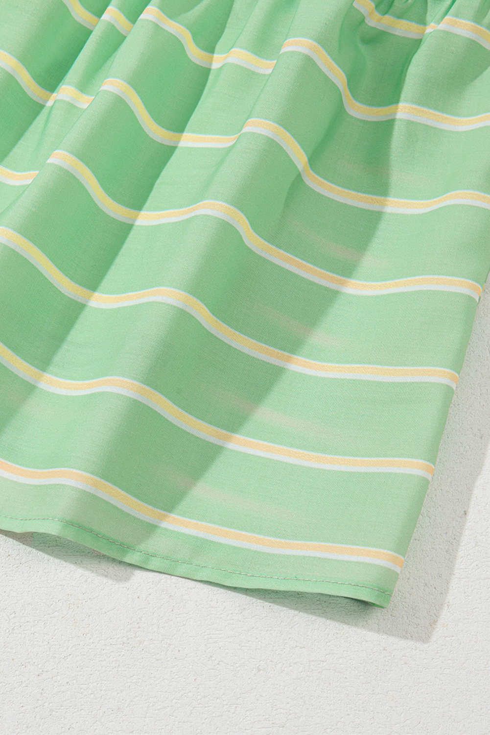 Women's Dress, Green Stripe, V Neck, Short Sleeve, A-Line, Frilled Details, Summer Dress, Casual Elegance, Lightweight Fabric, Mini Dress, High Waist, Daily Wear, Country Style - Detail View 12