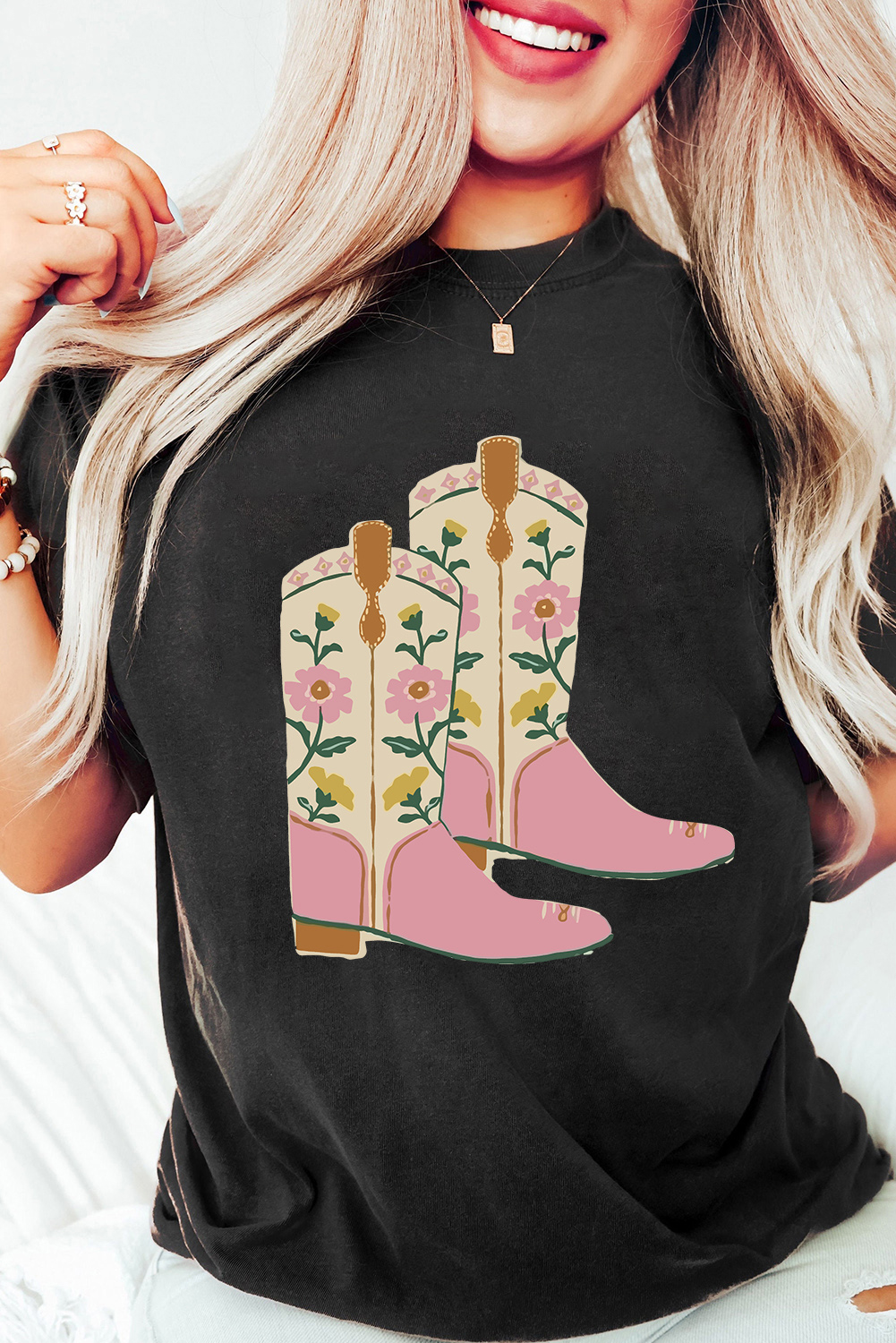 Women's Black Floral Cowgirl Boots Graphic Tee - Western Style Casual T-Shirt - Detail View 5