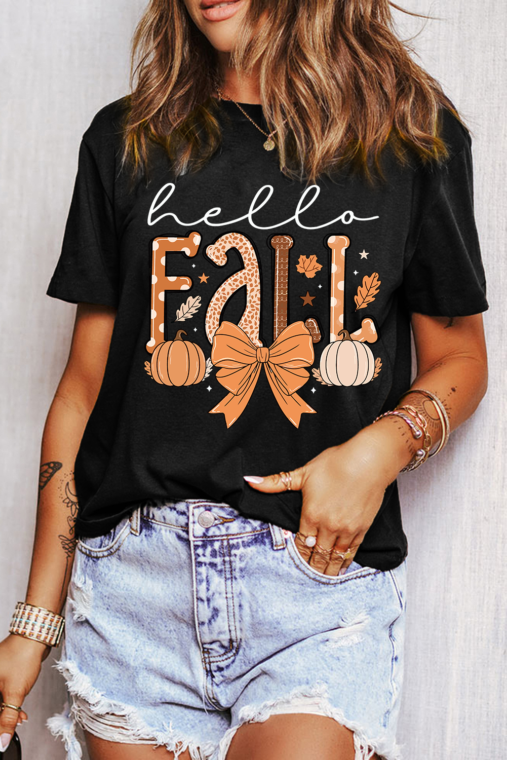 Cute and Casual Black T-Shirt with Pumpkin Graphic and Bow for Autumn - Detail View 6
