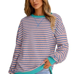 Women's Racing Red Striped Contrast Ribbed Trim Drop Shoulder Sweatshirt - Main View