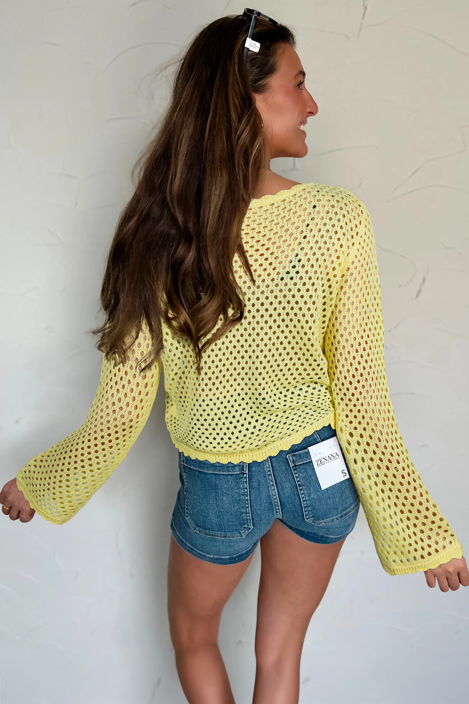Chic Vanilla Yellow Summer Knit Top for Women – Long Sleeve Crochet Cover Up for Beach and Vacation - Detail View 2