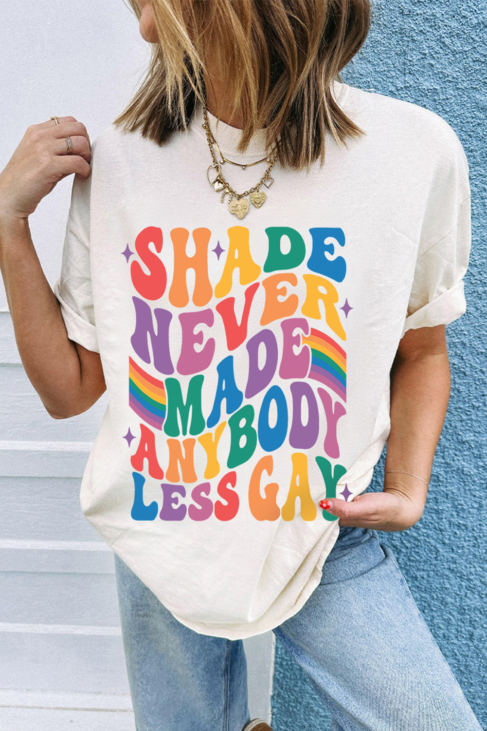 Women's White 'SHADE NEVER MADE ANYBODY LESS GAY' Pride Graphic Tee - Detail View 5