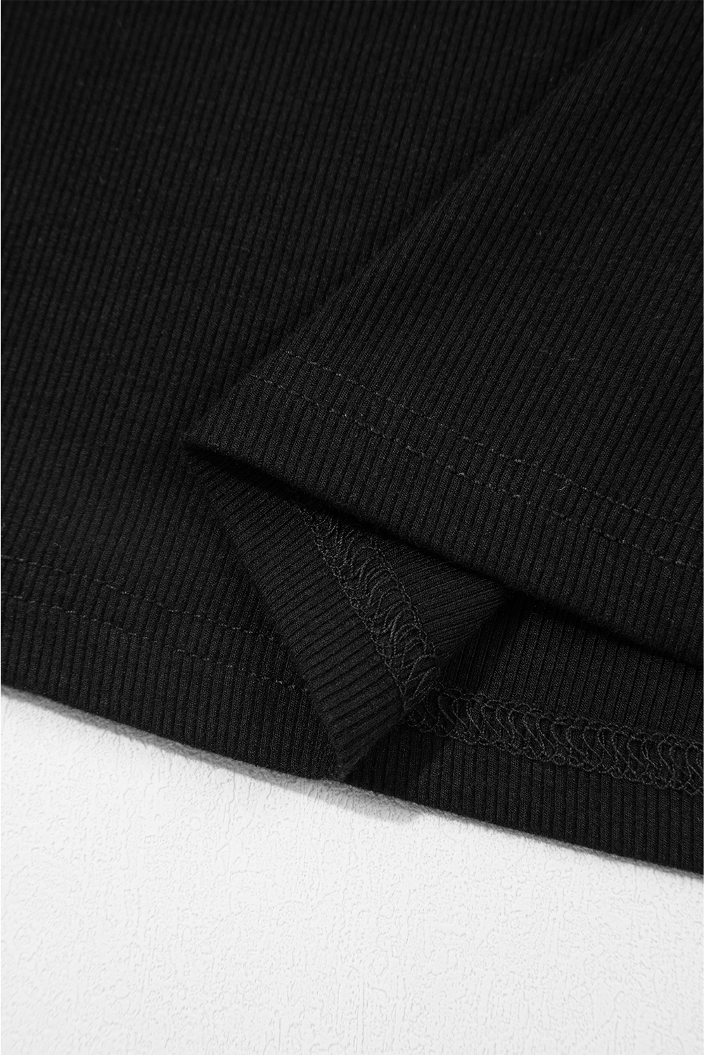 Women's Black Ribbed Patchwork Puff Sleeve Slim Fit Top with Half Button Placket - Detail View 13