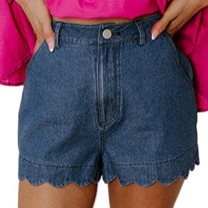 Women's Sail Blue Scalloped Hemline High Waist Denim Shorts - Casual Summer Style - Main View