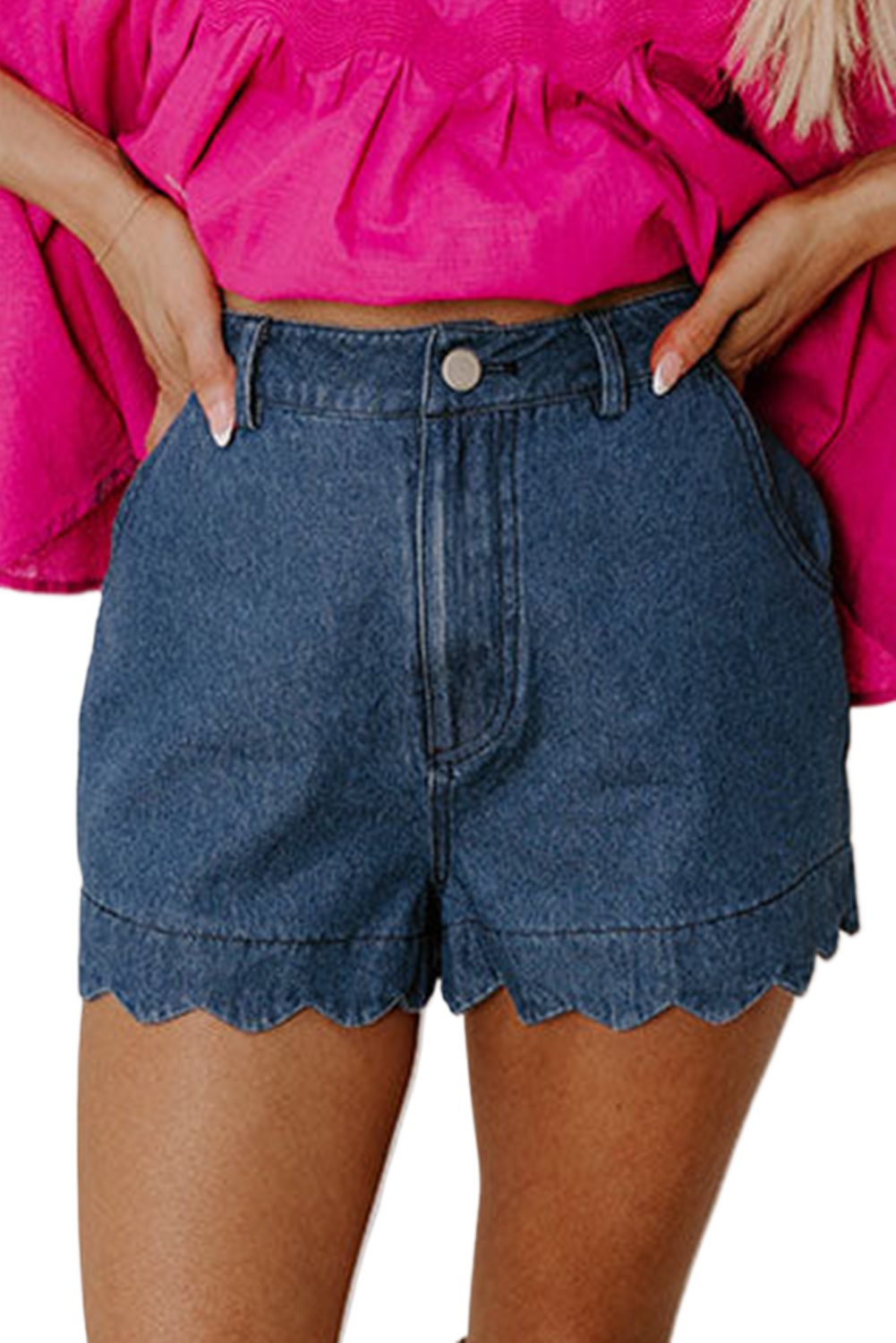 Women's Sail Blue Scalloped Hemline High Waist Denim Shorts - Casual Summer Style - Main View