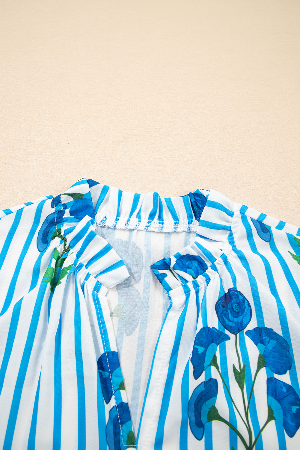 Casual Sky Blue Striped Floral Blouse - Perfect for Summer Days and Evenings - Detail View 7