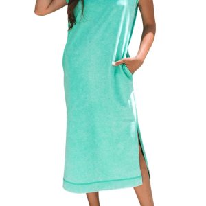 Women's Clearly Aqua Mineral Wash Pocketed T-Shirt Long Dress with Side Slits - Main View