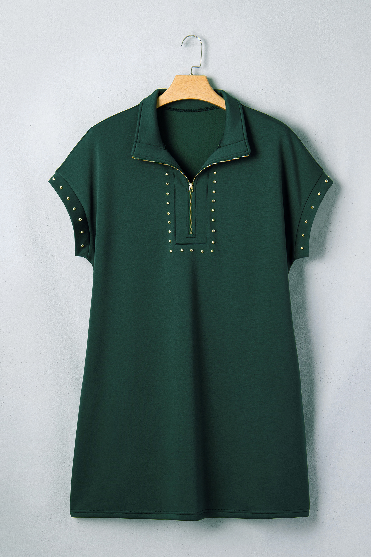 Chic Studded V-Neck Mini Dress for Women – Evergreen Zip Front Short Sleeve T-Shirt Dress, Casual Daily Wear - Detail View 2