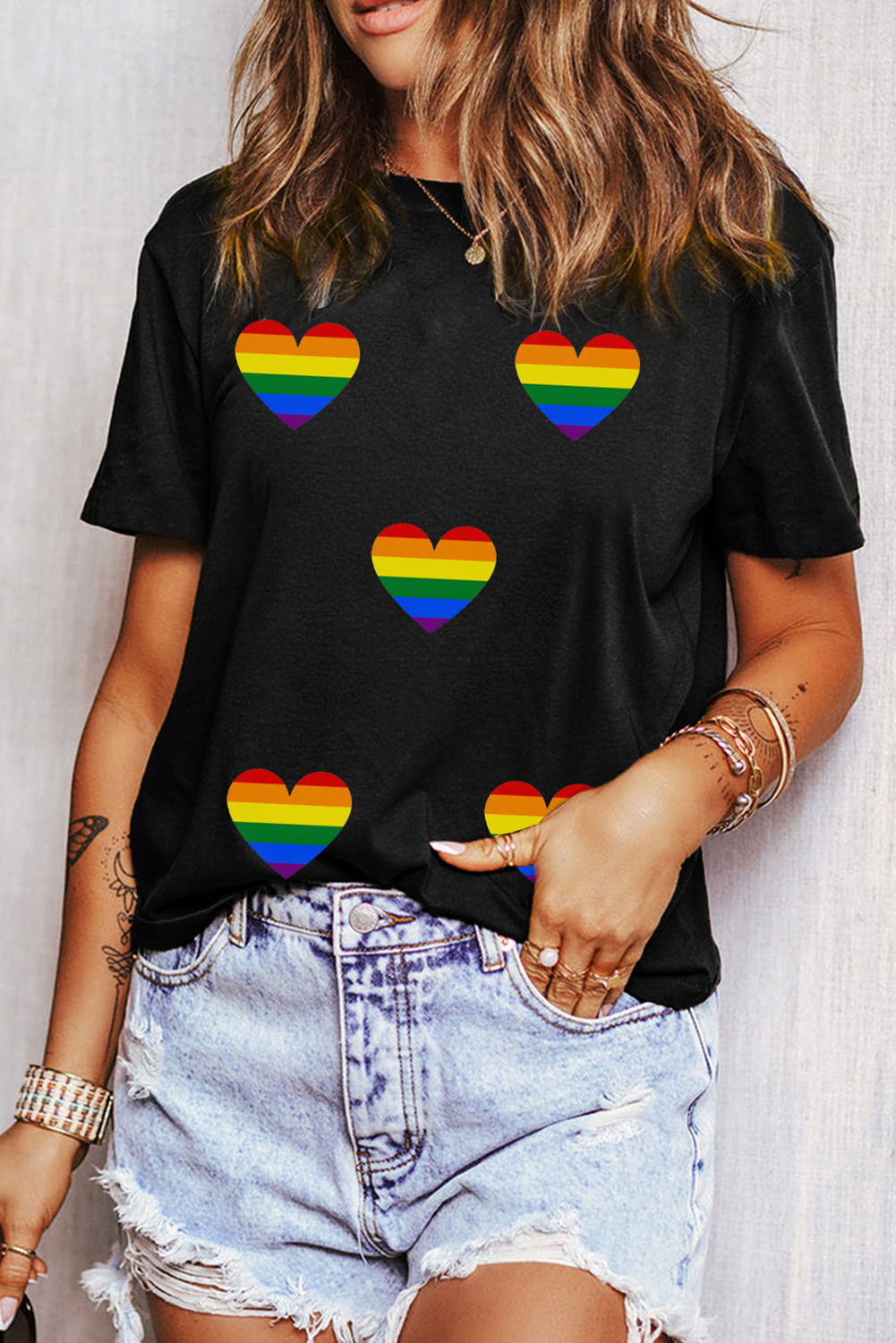 Chic Black Heart Print Crew Neck T-Shirt for Women - Casual Graphic Tee - Detail View 9
