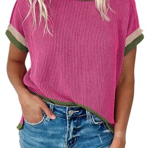 Women's Rose Red Textured Contrast Trim Round Neck T-Shirt for Summer - Main View