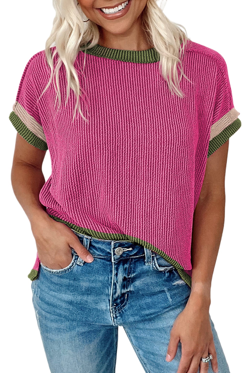 Women's Rose Red Textured Contrast Trim Round Neck T-Shirt for Summer - Main View