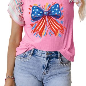 Women's Bonbon Independence Celebration Bowknot Graphic Ruffled Sleeve Ribbed Summer Top - Main View