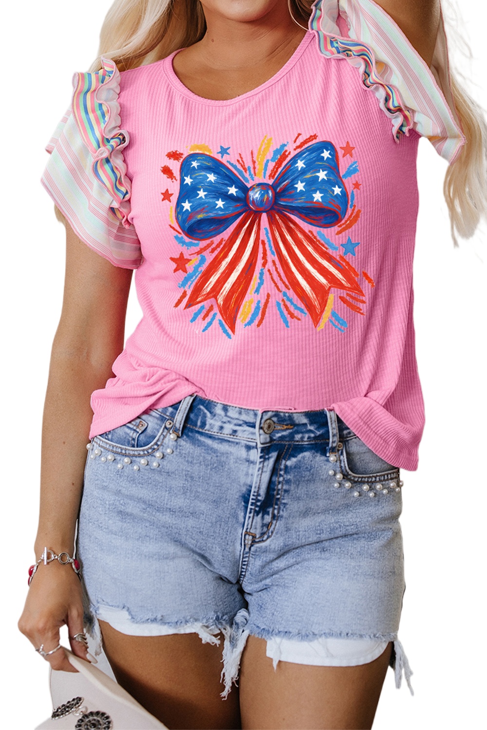Women's Bonbon Independence Celebration Bowknot Graphic Ruffled Sleeve Ribbed Summer Top - Main View